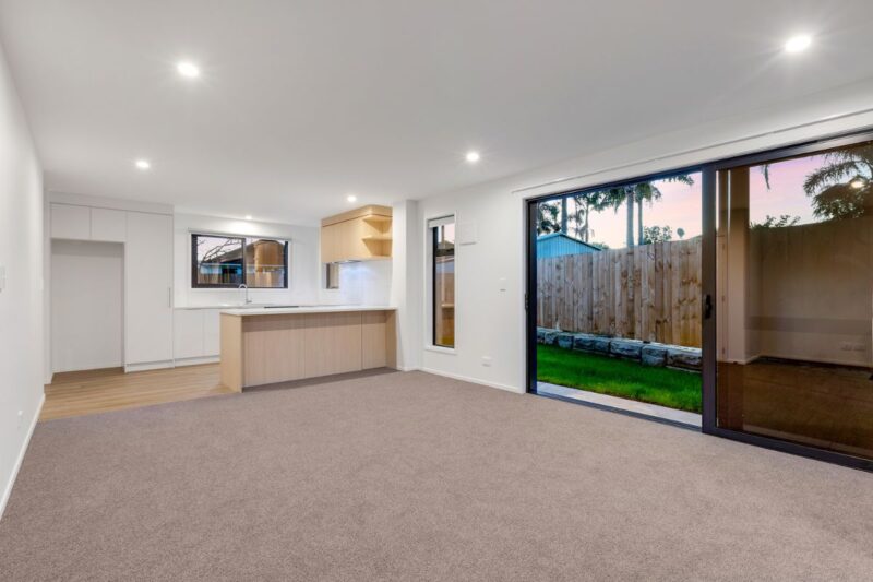 Inside the housing, kitchen and lounge area.